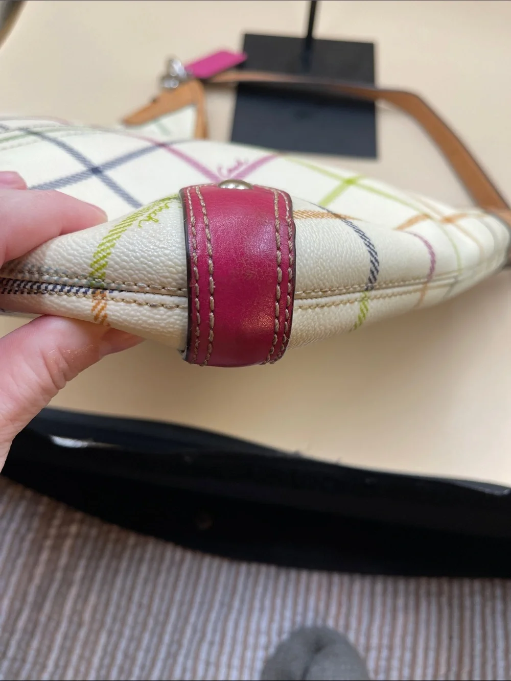 Coach Tattersol Cream Plaid Shoulder Bag with Pink Stripe